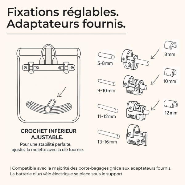 Système de fixation réglable de la sacoche vélo Badawin