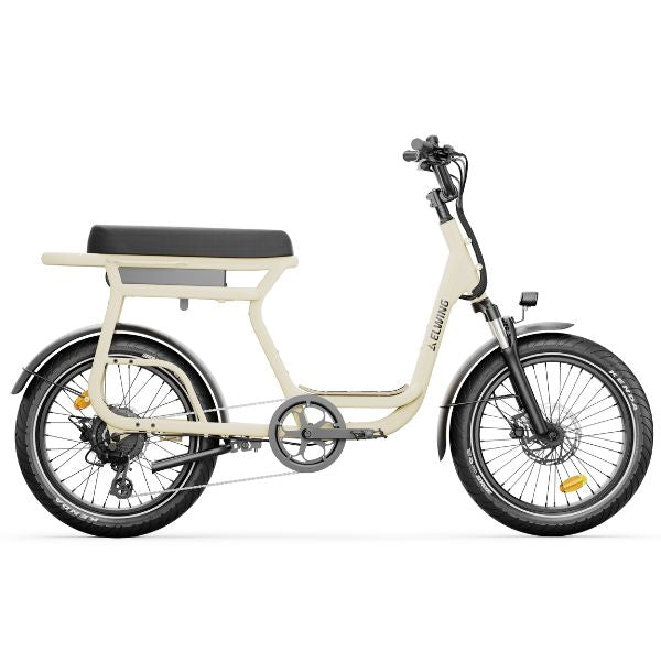 Vélo électrique cargo compact Ritmic Yuvy 2 couleur sable avec selle biplace et moteur Bafang.