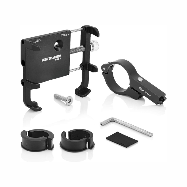 Support téléphone pour vélo livré avec ses accessoires de fixation, permettant une installation adaptée à différents diamètres de guidon.